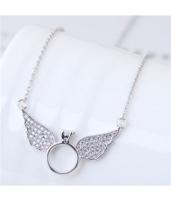 Cubic Zirconia Inlaid Angel Wings Design Korean Fashion Costume Necklace - Silver