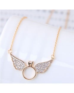 Cubic Zirconia Inlaid Angel Wings Design Korean Fashion Costume Necklace - Golden