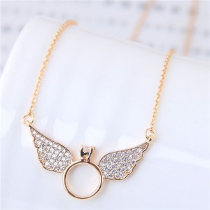 Cubic Zirconia Inlaid Angel Wings Design Korean Fashion Costume Necklace - Golden