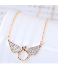 Cubic Zirconia Inlaid Angel Wings Design Korean Fashion Costume Necklace - Golden