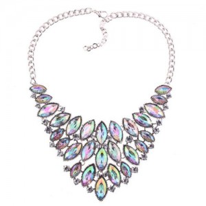 Oval Rhinestones Inlaid Chunky Style Shining Fashion Women Costume Necklace - Silver
