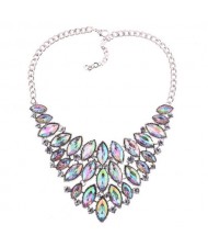 Oval Rhinestones Inlaid Chunky Style Shining Fashion Women Costume Necklace - Silver