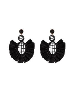 Hollow Weaving Hoops with Tassels Design Pastorale Fashion Women Statement Earrings - Black