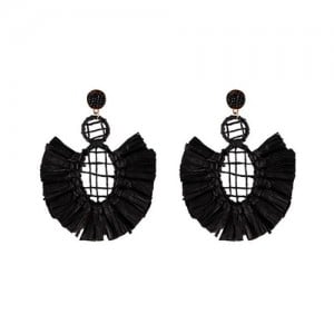 Hollow Weaving Hoops with Tassels Design Pastorale Fashion Women Statement Earrings - Black