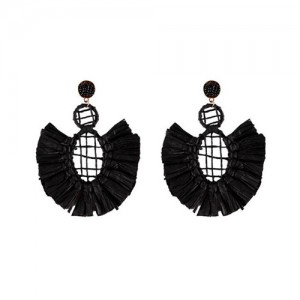 Hollow Weaving Hoops with Tassels Design Pastorale Fashion Women Statement Earrings - Black