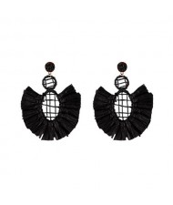 Hollow Weaving Hoops with Tassels Design Pastorale Fashion Women Statement Earrings - Black