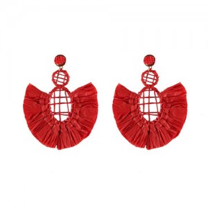 Hollow Weaving Hoops with Tassels Design Pastorale Fashion Women Statement Earrings - Red