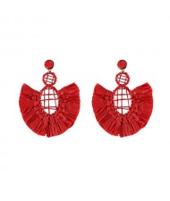 Hollow Weaving Hoops with Tassels Design Pastorale Fashion Women Statement Earrings - Red