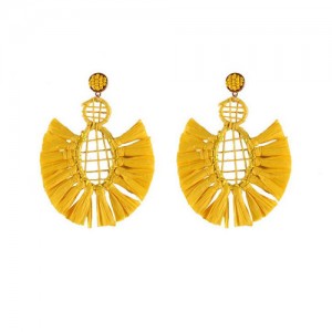 Hollow Weaving Hoops with Tassels Design Pastorale Fashion Women Statement Earrings - Yellow