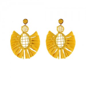 Hollow Weaving Hoops with Tassels Design Pastorale Fashion Women Statement Earrings - Yellow