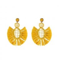 Hollow Weaving Hoops with Tassels Design Pastorale Fashion Women Statement Earrings - Yellow