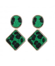 Leopard Prints Oval and Square Combo Design High Fashion Statement Earrings - Green