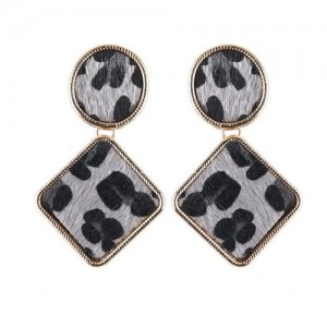 Leopard Prints Oval and Square Combo Design High Fashion Statement Earrings - Gray