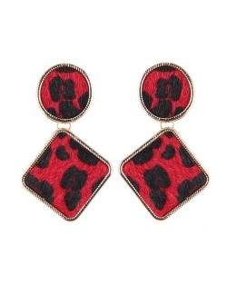 Leopard Prints Oval and Square Combo Design High Fashion Statement Earrings - Red