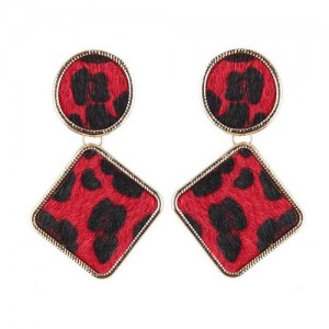 Leopard Prints Oval and Square Combo Design High Fashion Statement Earrings - Red