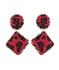 Leopard Prints Oval and Square Combo Design High Fashion Statement Earrings - Red