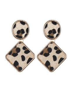 Leopard Prints Oval and Square Combo Design High Fashion Statement Earrings - Khaki