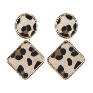 Leopard Prints Oval and Square Combo Design High Fashion Statement Earrings - Khaki