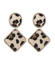 Leopard Prints Oval and Square Combo Design High Fashion Statement Earrings - Khaki
