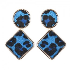 Leopard Prints Oval and Square Combo Design High Fashion Statement Earrings - Blue