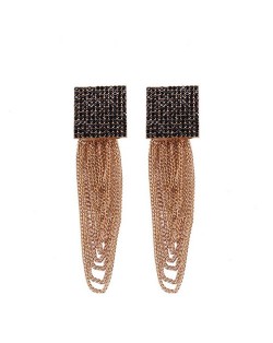 Dangling Tassel Chains Shining Square Fashion Statement Earrings - Black