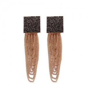 Dangling Tassel Chains Shining Square Fashion Statement Earrings - Black