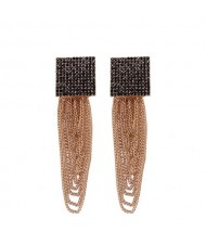 Dangling Tassel Chains Shining Square Fashion Statement Earrings - Black