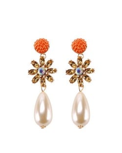 Rhinstone Flower Pearl Fashion Women Statement Earrings - Orange
