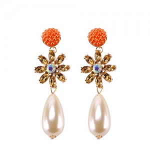 Rhinstone Flower Pearl Fashion Women Statement Earrings - Orange