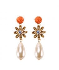 Rhinstone Flower Pearl Fashion Women Statement Earrings - Orange