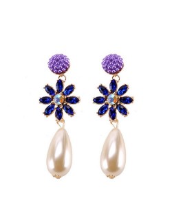 Rhinstone Flower Pearl Fashion Women Statement Earrings - Purple