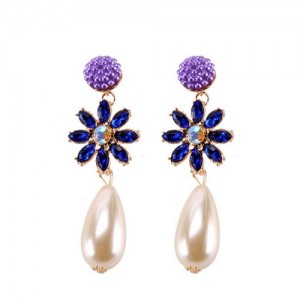 Rhinstone Flower Pearl Fashion Women Statement Earrings - Purple