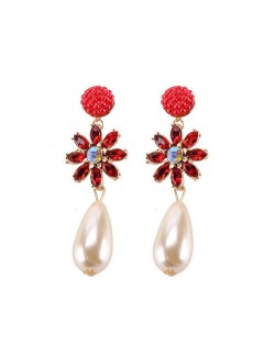 Rhinstone Flower Pearl Fashion Women Statement Earrings - Red