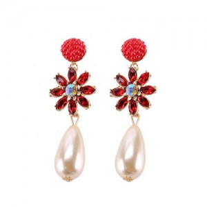 Rhinstone Flower Pearl Fashion Women Statement Earrings - Red