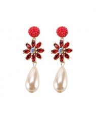 Rhinstone Flower Pearl Fashion Women Statement Earrings - Red