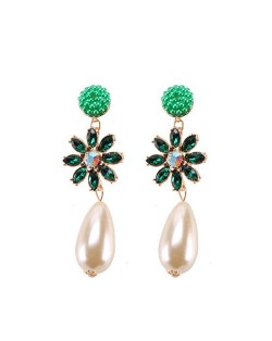 Rhinstone Flower Pearl Fashion Women Statement Earrings - Green
