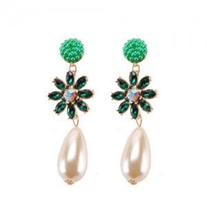 Rhinstone Flower Pearl Fashion Women Statement Earrings - Green