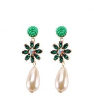 Rhinstone Flower Pearl Fashion Women Statement Earrings - Green