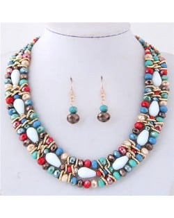 Mixed Colors Beads Multiple Layers Shining High Fashion Costume Necklace and Earrings Set