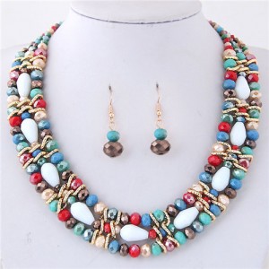 Mixed Colors Beads Multiple Layers Shining High Fashion Costume Necklace and Earrings Set