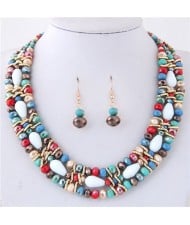 Mixed Colors Beads Multiple Layers Shining High Fashion Costume Necklace and Earrings Set