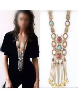 Artificial Turquoise Embellished with Tassel Chains Design Chunky Fashion Statement Necklace - Golden