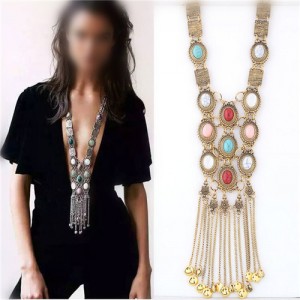 Artificial Turquoise Embellished with Tassel Chains Design Chunky Fashion Statement Necklace - Golden