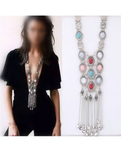 Artificial Turquoise Embellished with Tassel Chains Design Chunky Fashion Statement Necklace - Silver