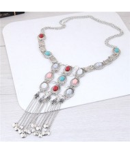 Artificial Turquoise Embellished with Tassel Chains Design Chunky Fashion Statement Necklace - Silver