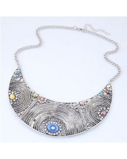 Rhinestone and Colorful Gems Embellished Hollow Style Chunky Arch Pendant Fashion Necklace
