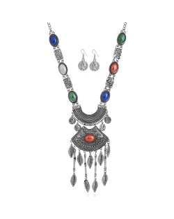 Multicolor Gems Embellished Vintage Coins Fashion Arch Pendant Chunky Statement Necklace and Earrings Set
