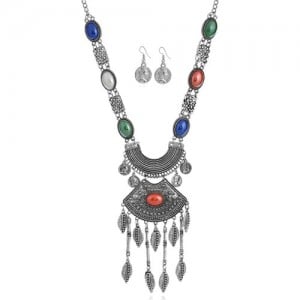Multicolor Gems Embellished Vintage Coins Fashion Arch Pendant Chunky Statement Necklace and Earrings Set