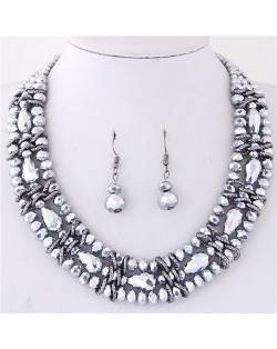 Triple Layers Crystal Beads Weaving Style Alloy Costume Necklace and Earrings Set - Silver