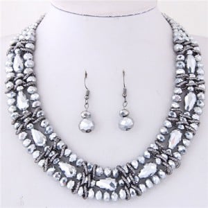 Triple Layers Crystal Beads Weaving Style Alloy Costume Necklace and Earrings Set - Silver